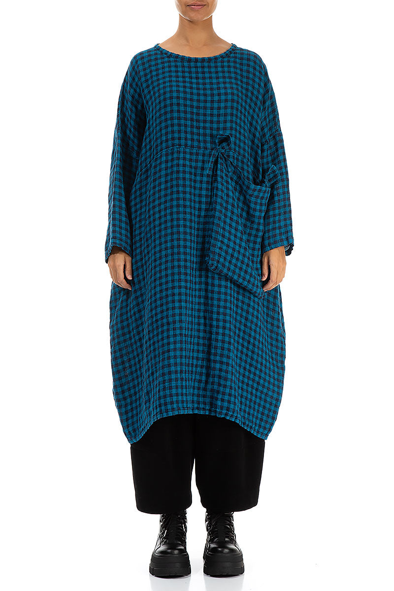 Large Side Pocket Blue Check Linen Dress 1