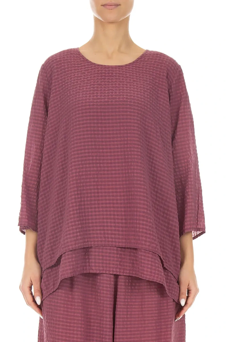 Layered 3/4 Sleeves Antique Ruby Textured Silk Blouse 1