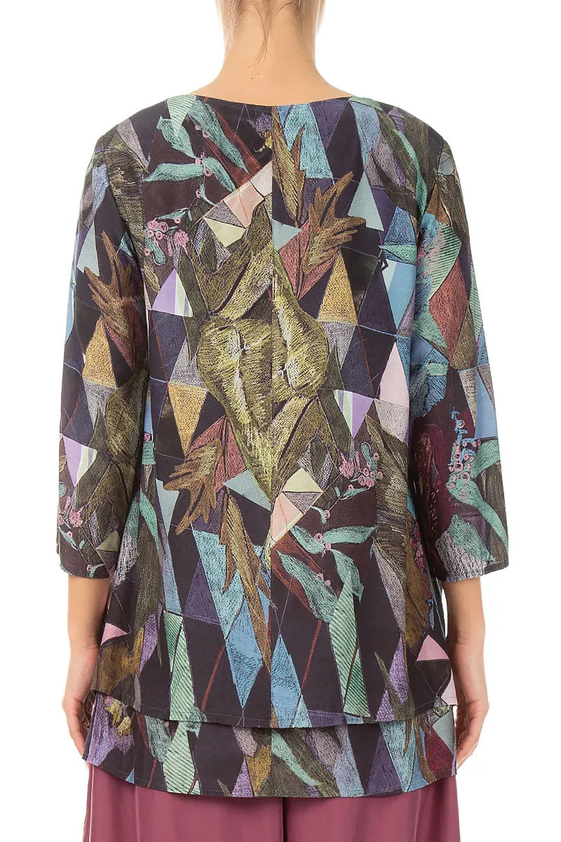 Layered 3/4 Sleeves Art Mosaic Silk Bamboo Blouse 2