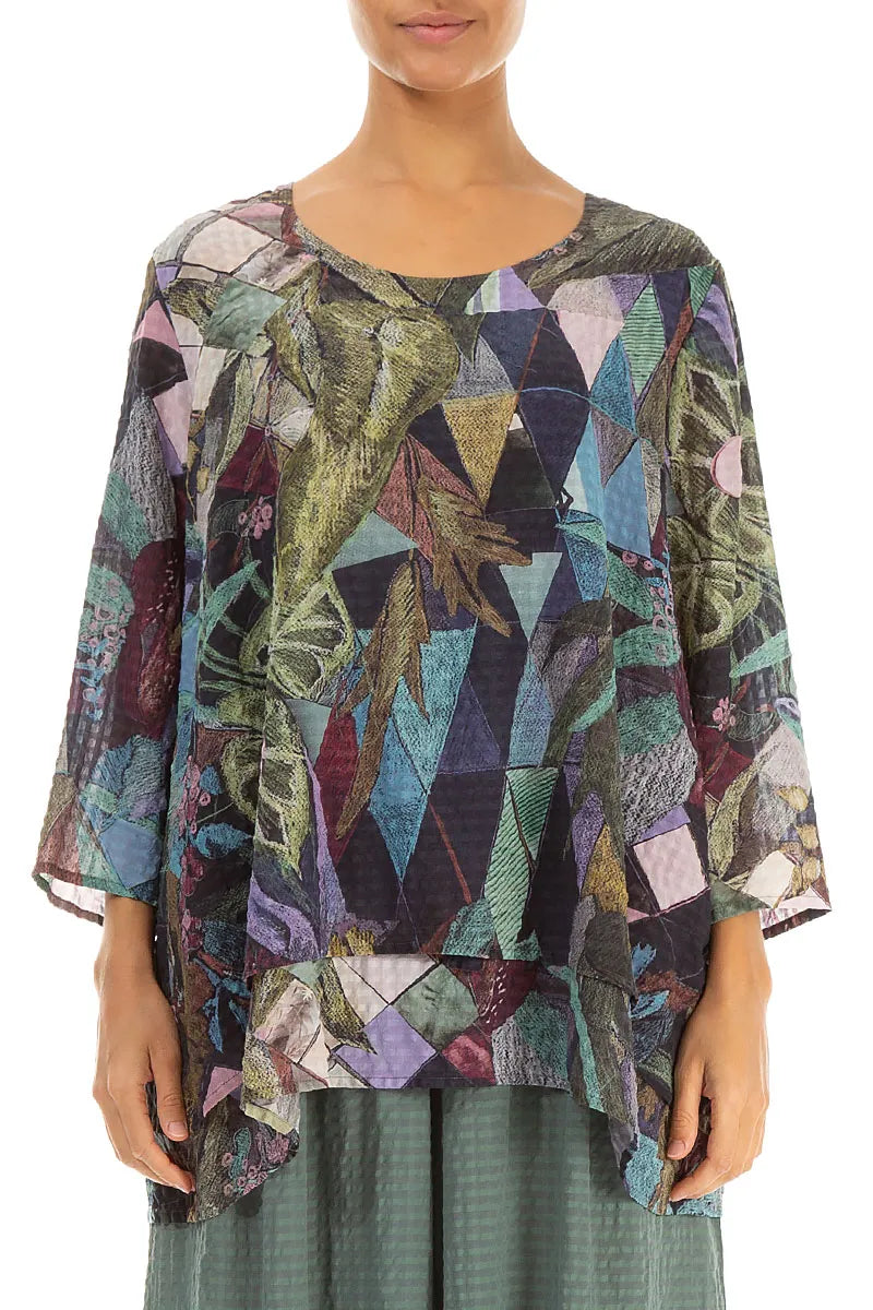 Layered 3/4 Sleeves Art Mosaic Textured Silk Blouse 1