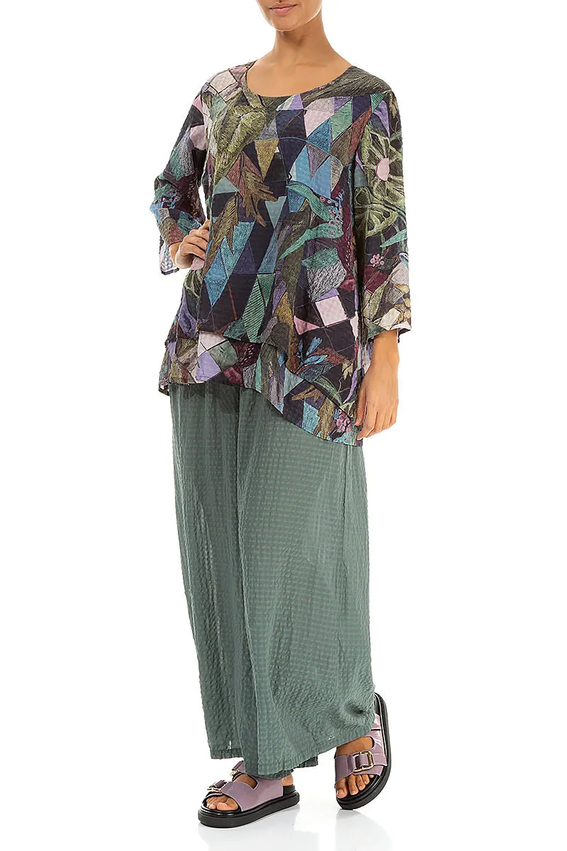 Layered 3/4 Sleeves Art Mosaic Textured Silk Blouse 4