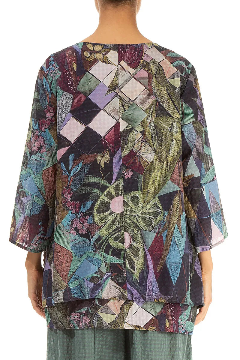 Layered 3/4 Sleeves Art Mosaic Textured Silk Blouse 2