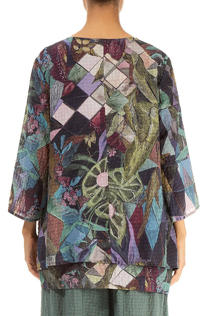 Layered 3/4 Sleeves Art Mosaic Textured Silk Blouse 2
