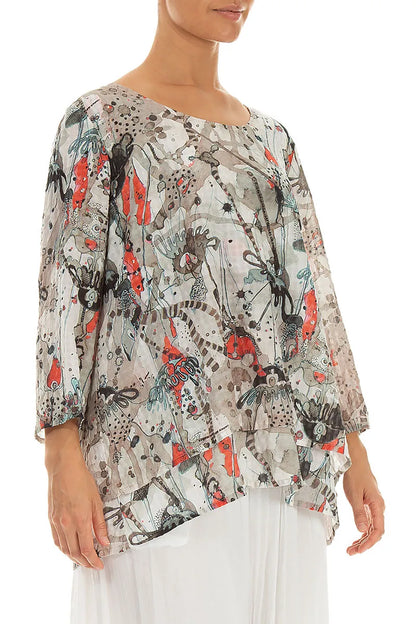 Layered 3/4 Sleeves Savannah Textured Silk Blouse 3