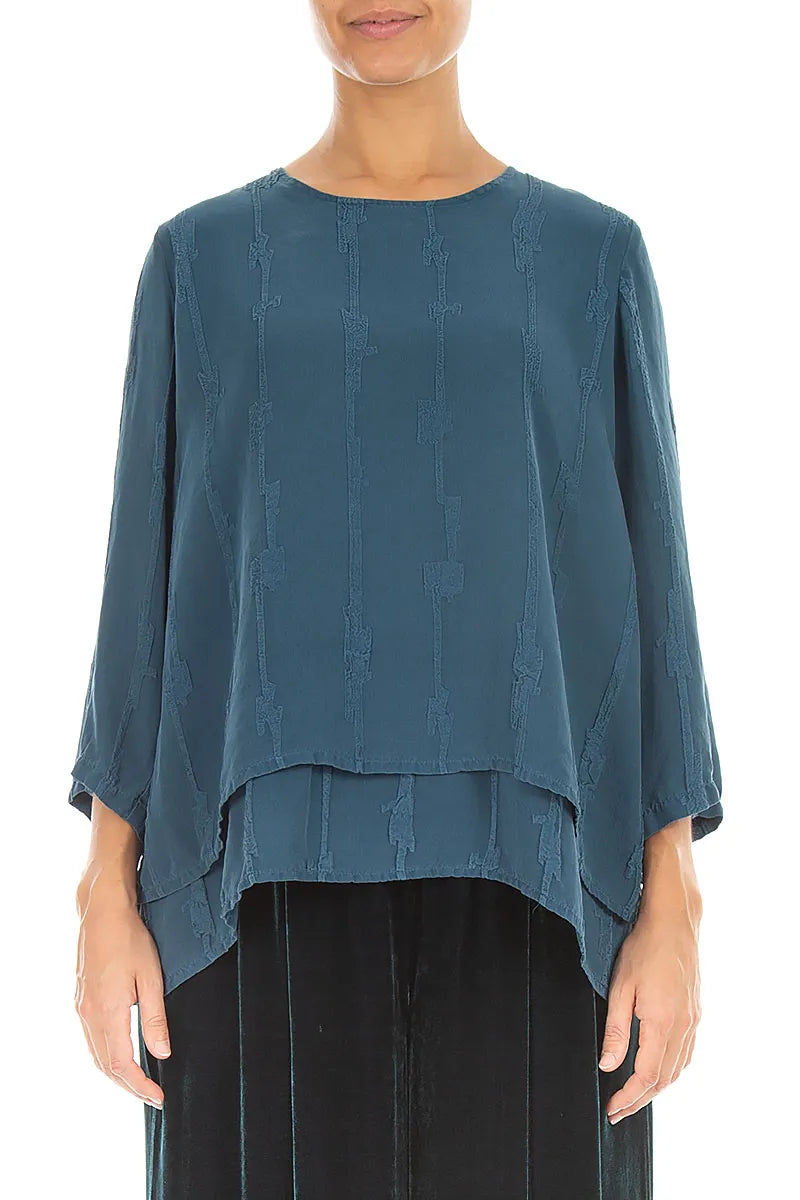 Blouse superposée en Soie texturée en relief Turquoise profond