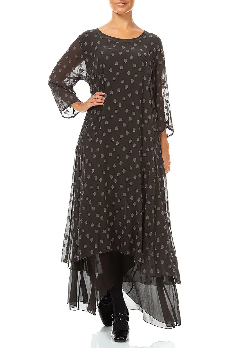 Layered Dotty Warm Charcoal Silk Dress