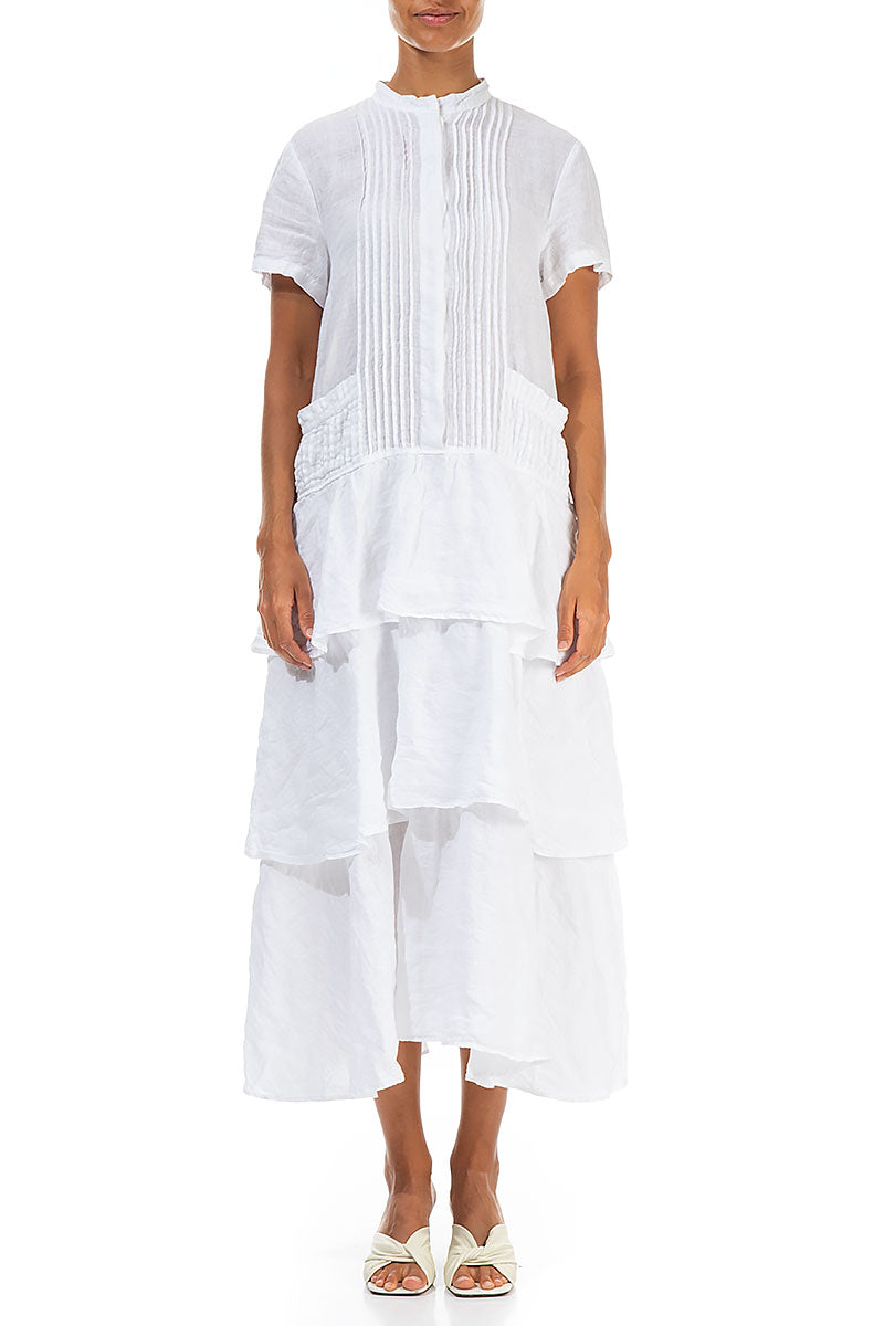 Layered Ruffles White Linen Dress 2