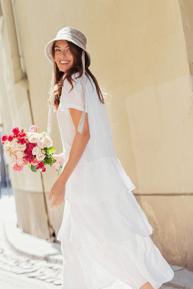 Layered Ruffles White Linen Dress 1