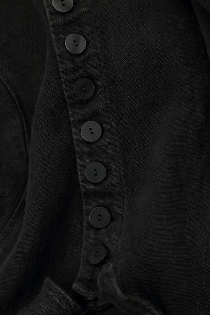 Veste longue en lin noir épais à patte de boutonnage