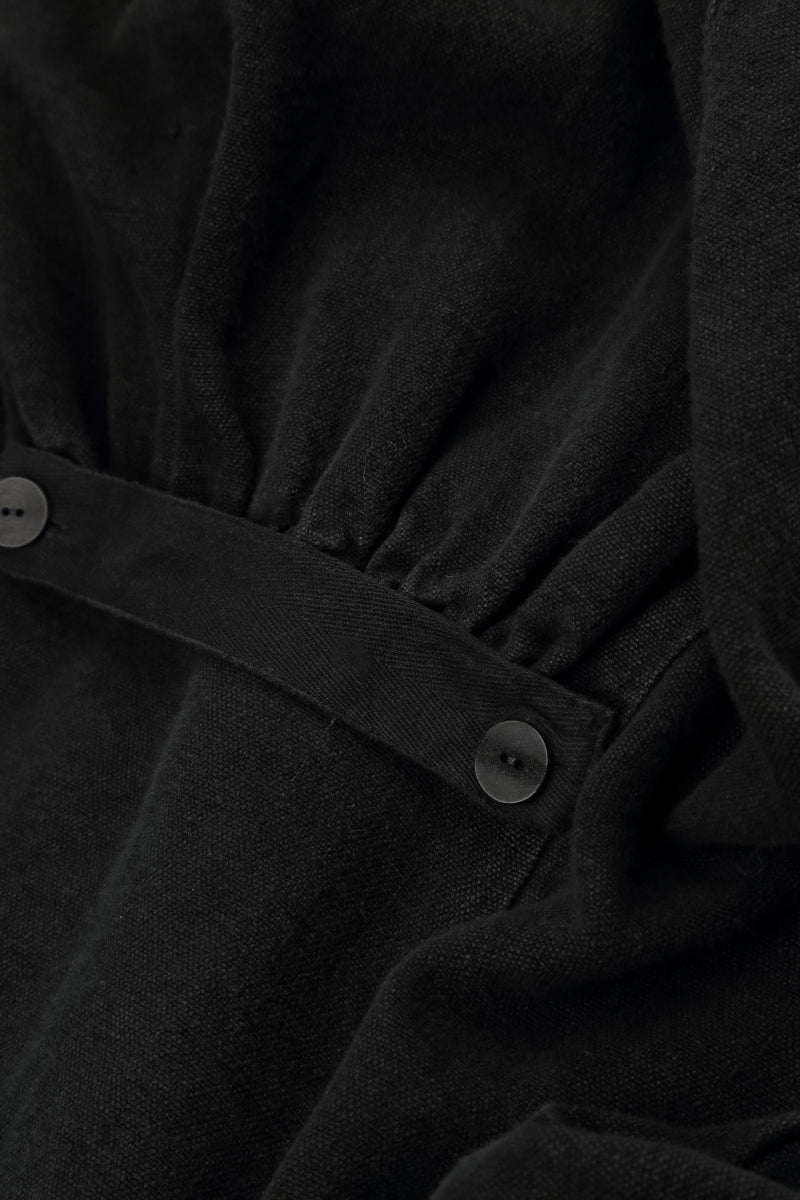 Veste longue en lin noir épais à patte de boutonnage