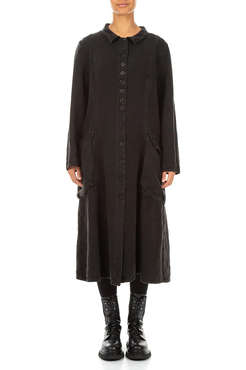 Veste longue en lin noir épais à patte de boutonnage
