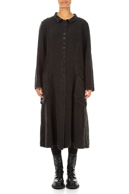 Veste longue en lin noir épais à patte de boutonnage
