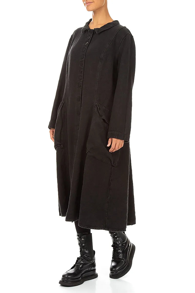 Veste longue en lin noir épais à patte de boutonnage