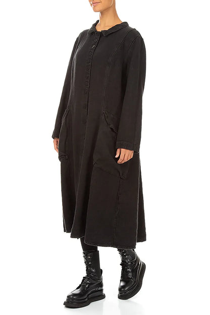 Veste longue en lin noir épais à patte de boutonnage