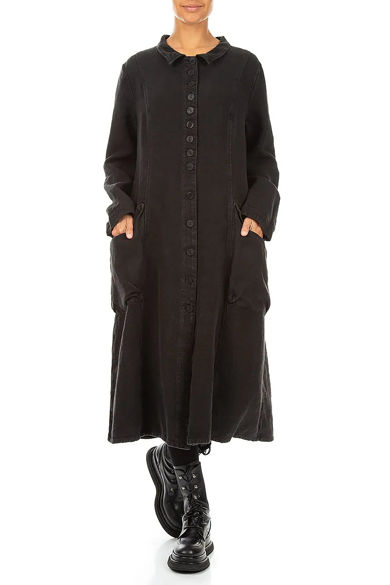Veste longue en lin noir épais à patte de boutonnage