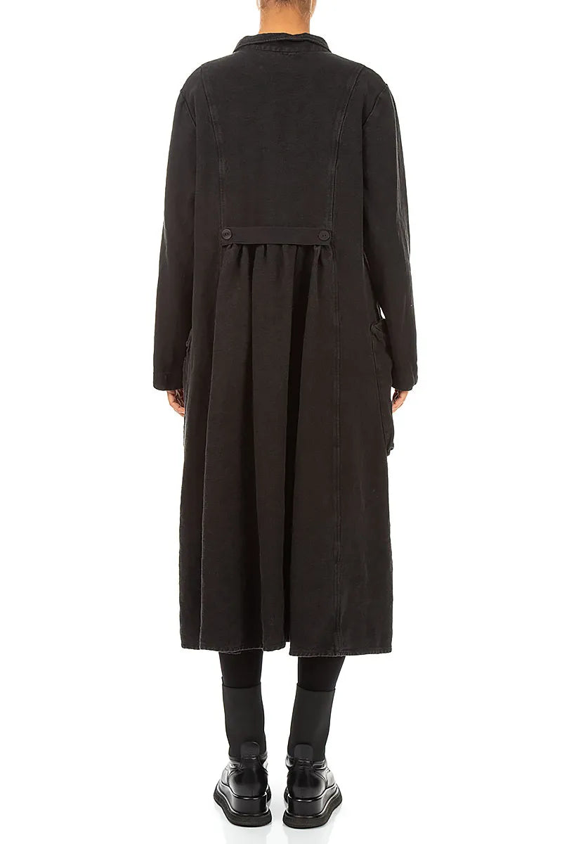 Veste longue en lin noir épais à patte de boutonnage