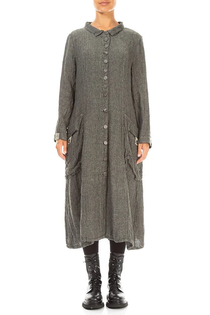 Long Buttonline Olive Grey Mélange Linen Jacket 1