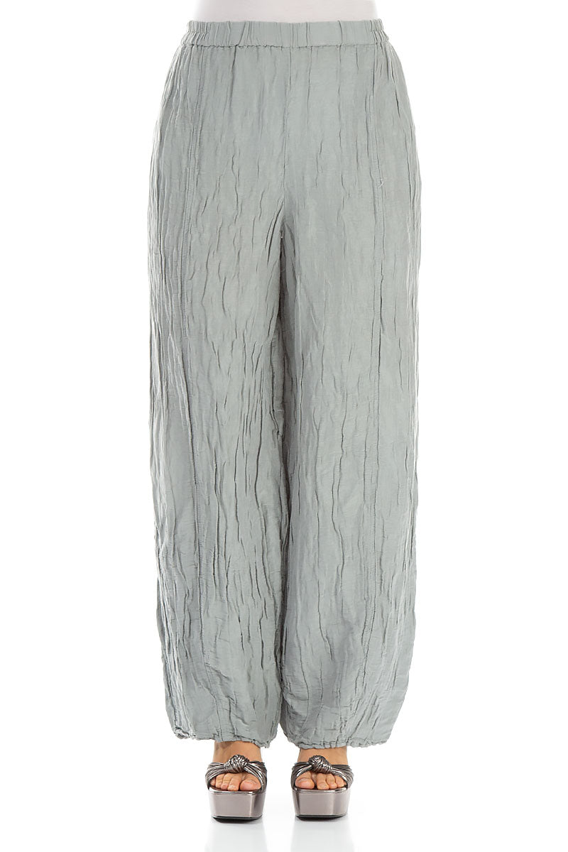 Long Crinkled Light Grey Silk Linen Trousers 1