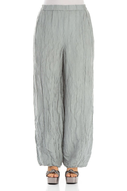 Long Crinkled Light Grey Silk Linen Trousers 1