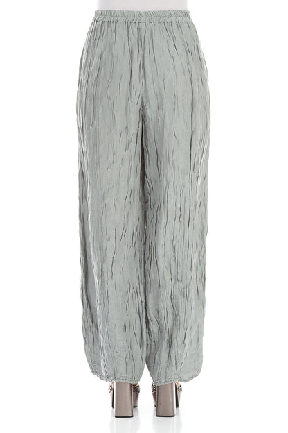 Long Crinkled Light Grey Silk Linen Trousers 2