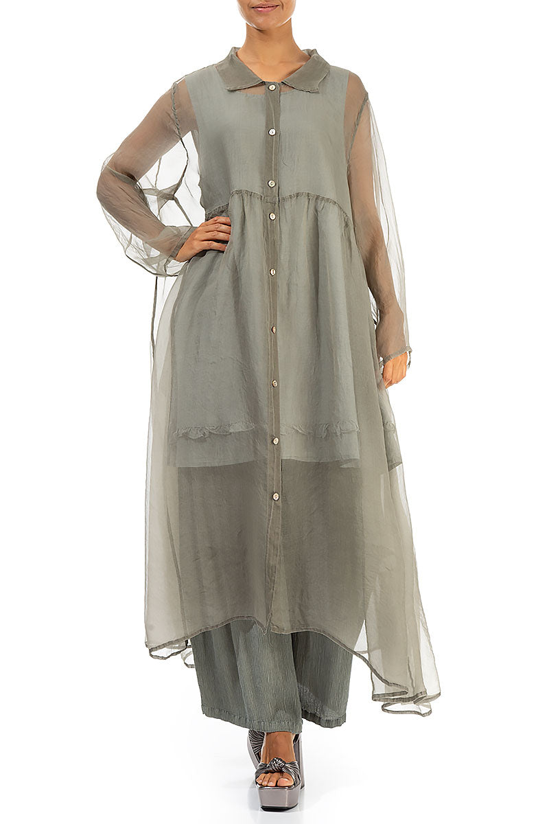 Long Khaki Silk Chiffon Jacket 4