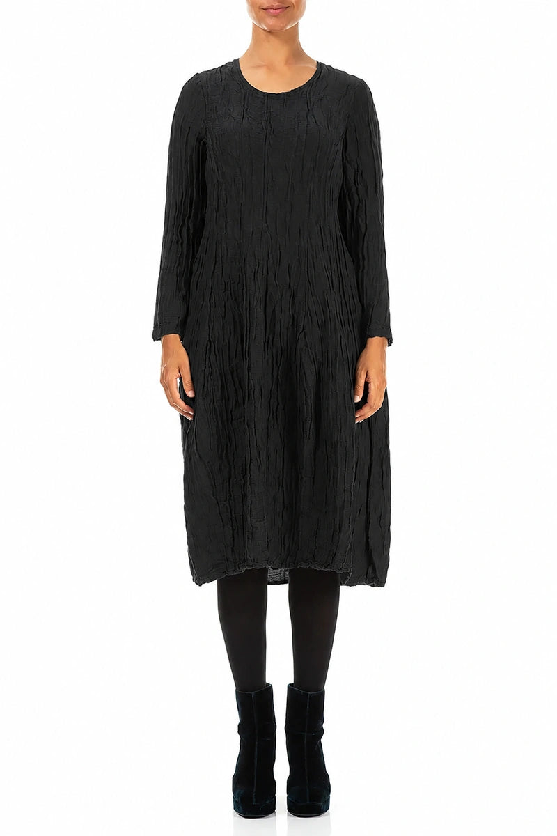 Long Sleeve Balloon Crinkled Black Silk Linen Dress
