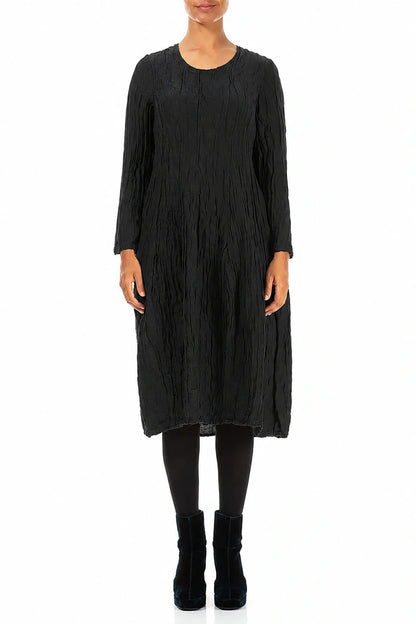 Long Sleeve Balloon Crinkled Black Silk Linen Dress