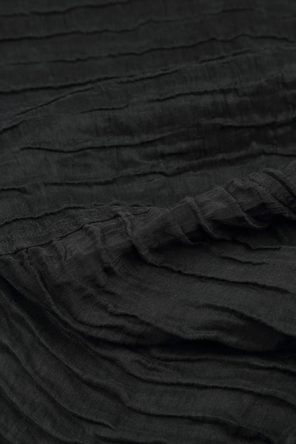 Long Sleeve Balloon Crinkled Black Silk Linen Dress