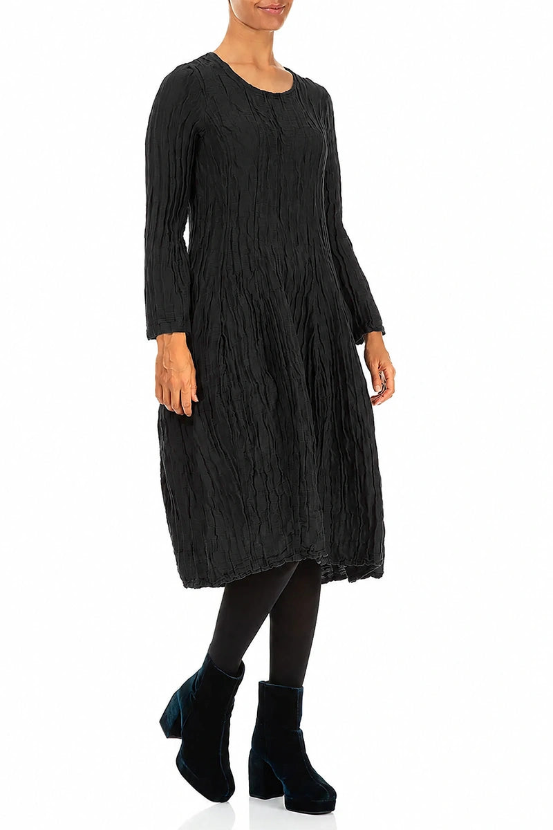 Long Sleeve Balloon Crinkled Black Silk Linen Dress