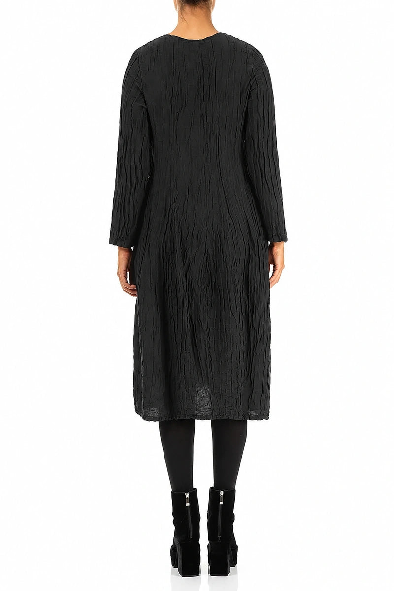 Long Sleeve Balloon Crinkled Black Silk Linen Dress