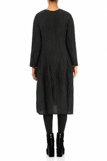 Long Sleeve Balloon Crinkled Black Silk Linen Dress