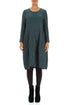 Long Sleeve Balloon Crinkled Deep Turquoise Silk Linen Dress 1