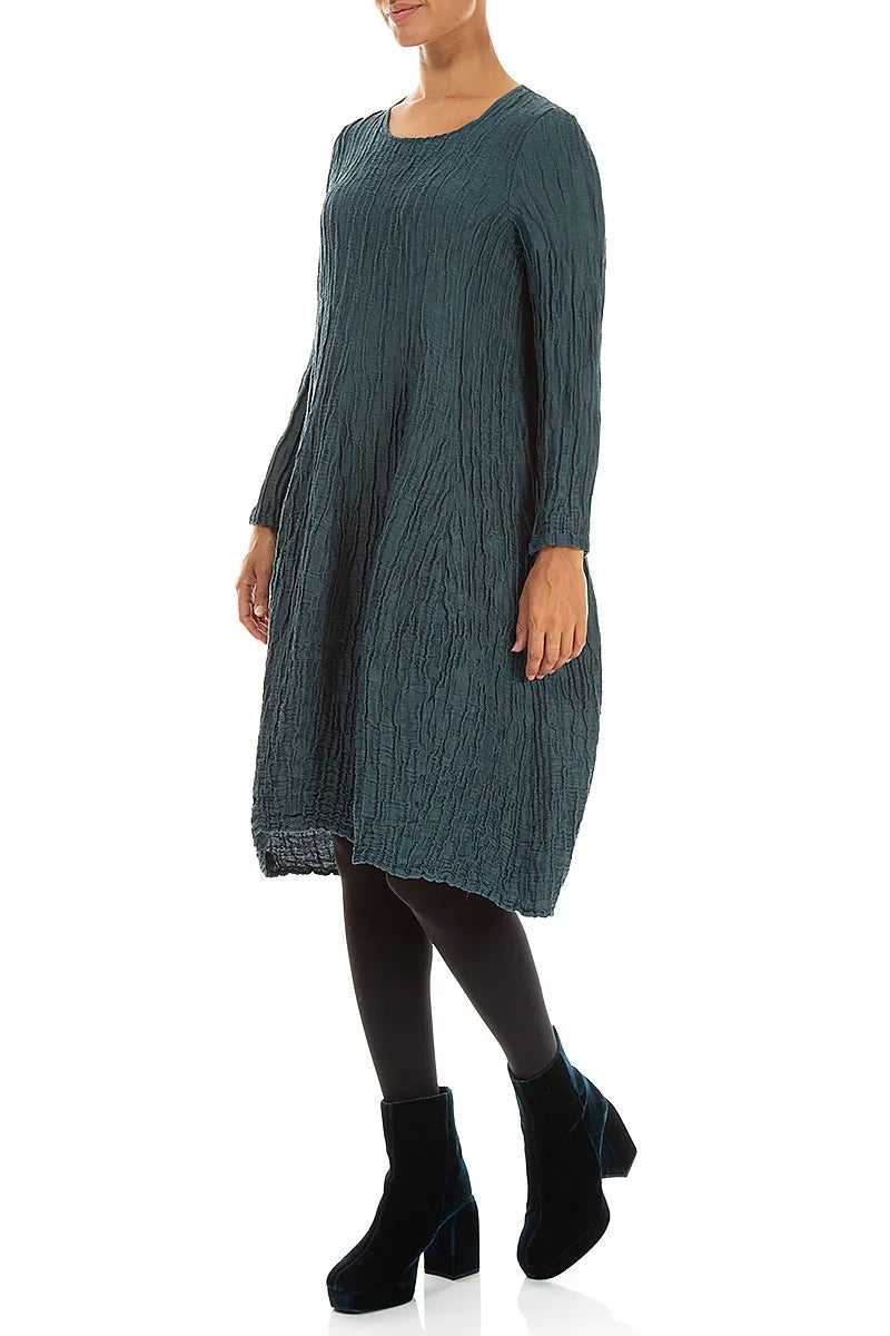 Long Sleeve Balloon Crinkled Deep Turquoise Silk Linen Dress 3
