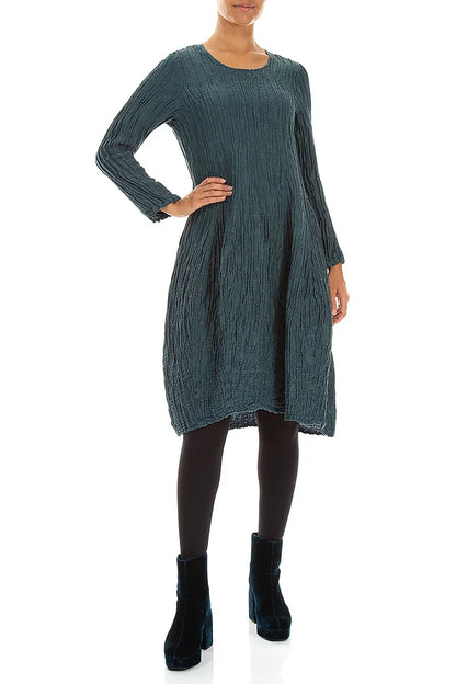 Long Sleeve Balloon Crinkled Deep Turquoise Silk Linen Dress 4