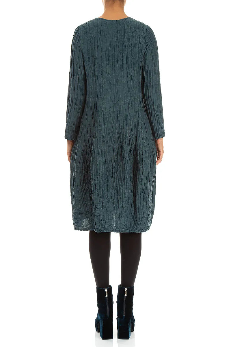 Long Sleeve Balloon Crinkled Deep Turquoise Silk Linen Dress 2