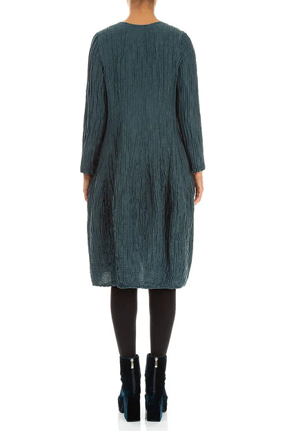 Long Sleeve Balloon Crinkled Deep Turquoise Silk Linen Dress 2