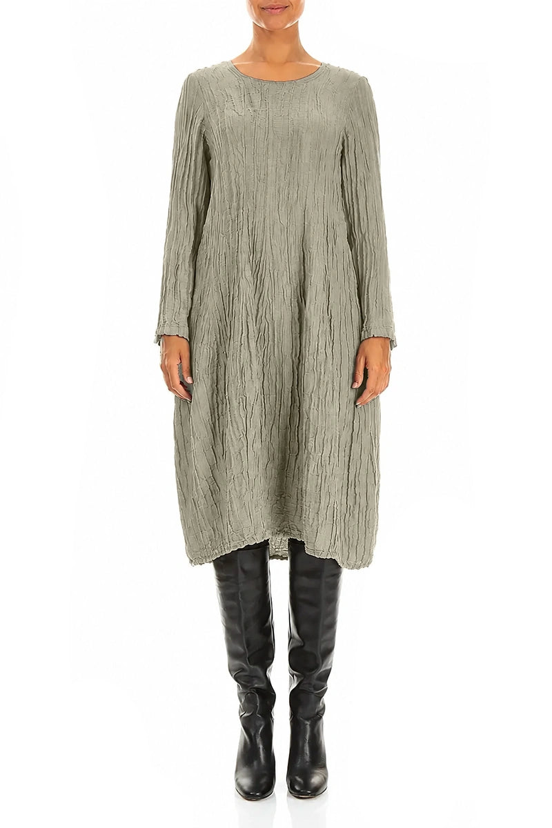 Long Sleeve Balloon Crinkled Olive Grey Silk Linen Dress