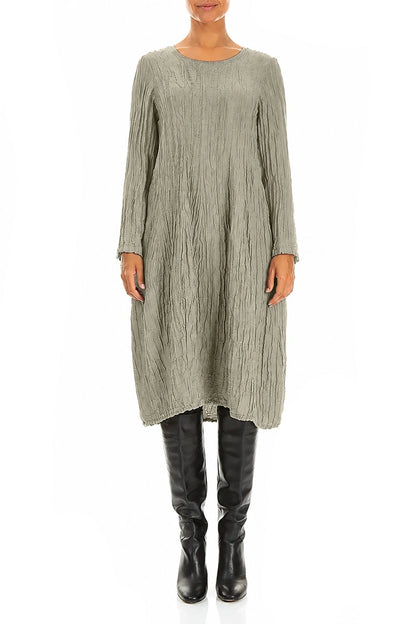 Long Sleeve Balloon Crinkled Olive Grey Silk Linen Dress