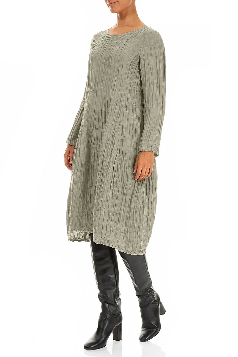 Long Sleeve Balloon Crinkled Olive Grey Silk Linen Dress