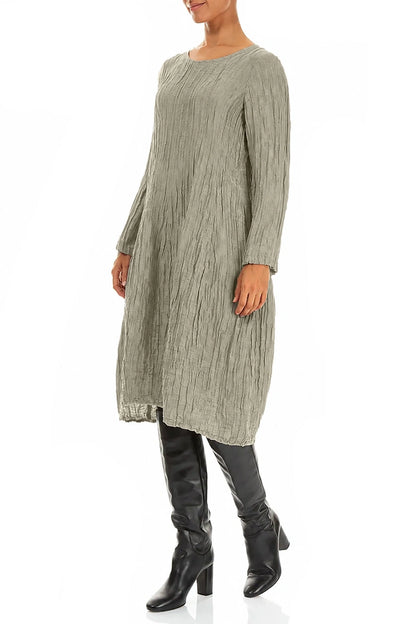 Long Sleeve Balloon Crinkled Olive Grey Silk Linen Dress