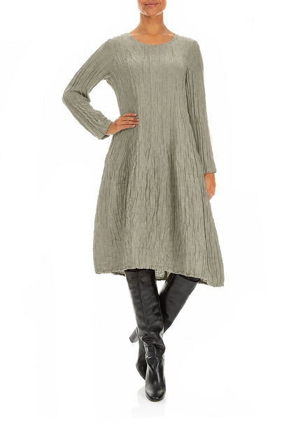 Long Sleeve Balloon Crinkled Olive Grey Silk Linen Dress