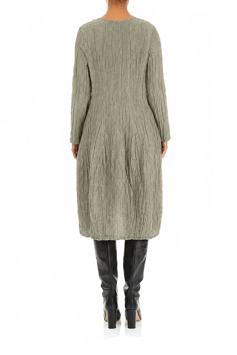 Long Sleeve Balloon Crinkled Olive Grey Silk Linen Dress