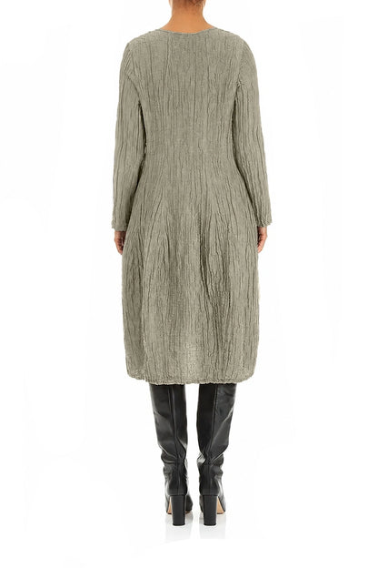 Long Sleeve Balloon Crinkled Olive Grey Silk Linen Dress
