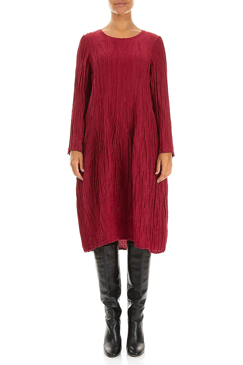Long Sleeve Balloon Crinkled Ruby Silk Linen Dress