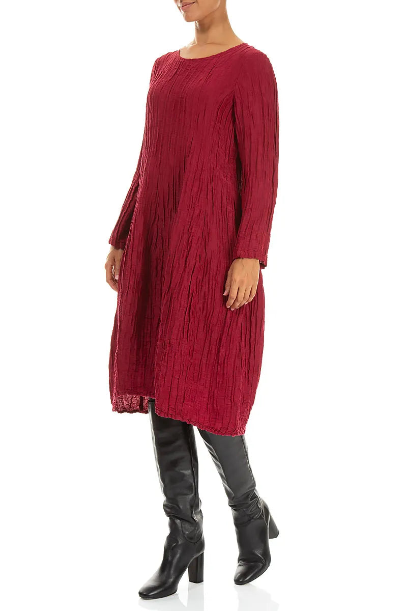 Long Sleeve Balloon Crinkled Ruby Silk Linen Dress