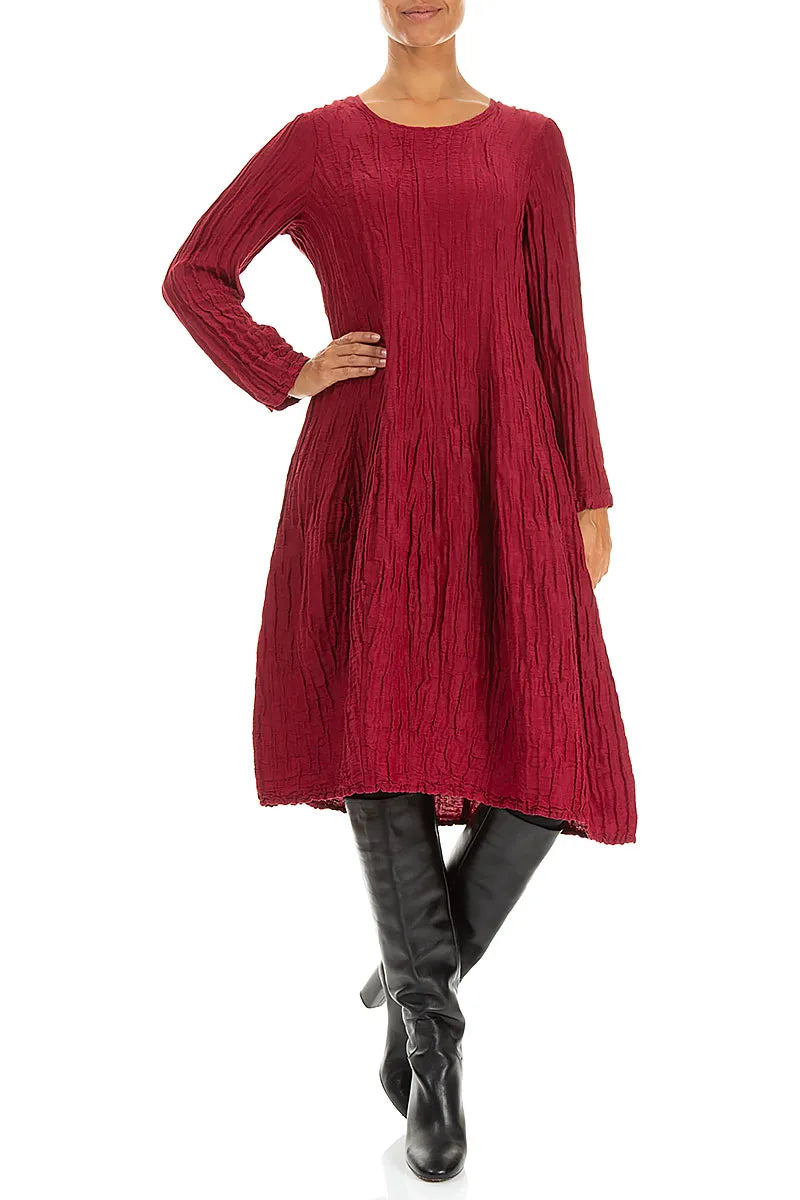 Long Sleeve Balloon Crinkled Ruby Silk Linen Dress