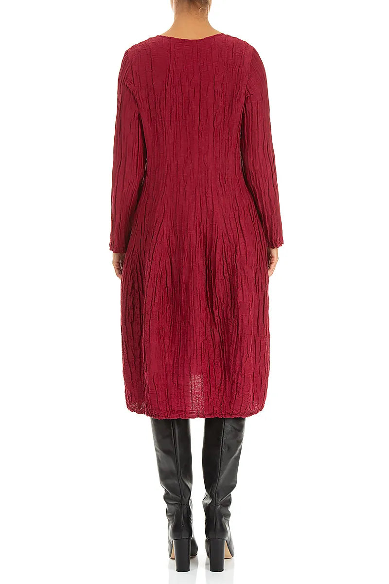 Long Sleeve Balloon Crinkled Ruby Silk Linen Dress