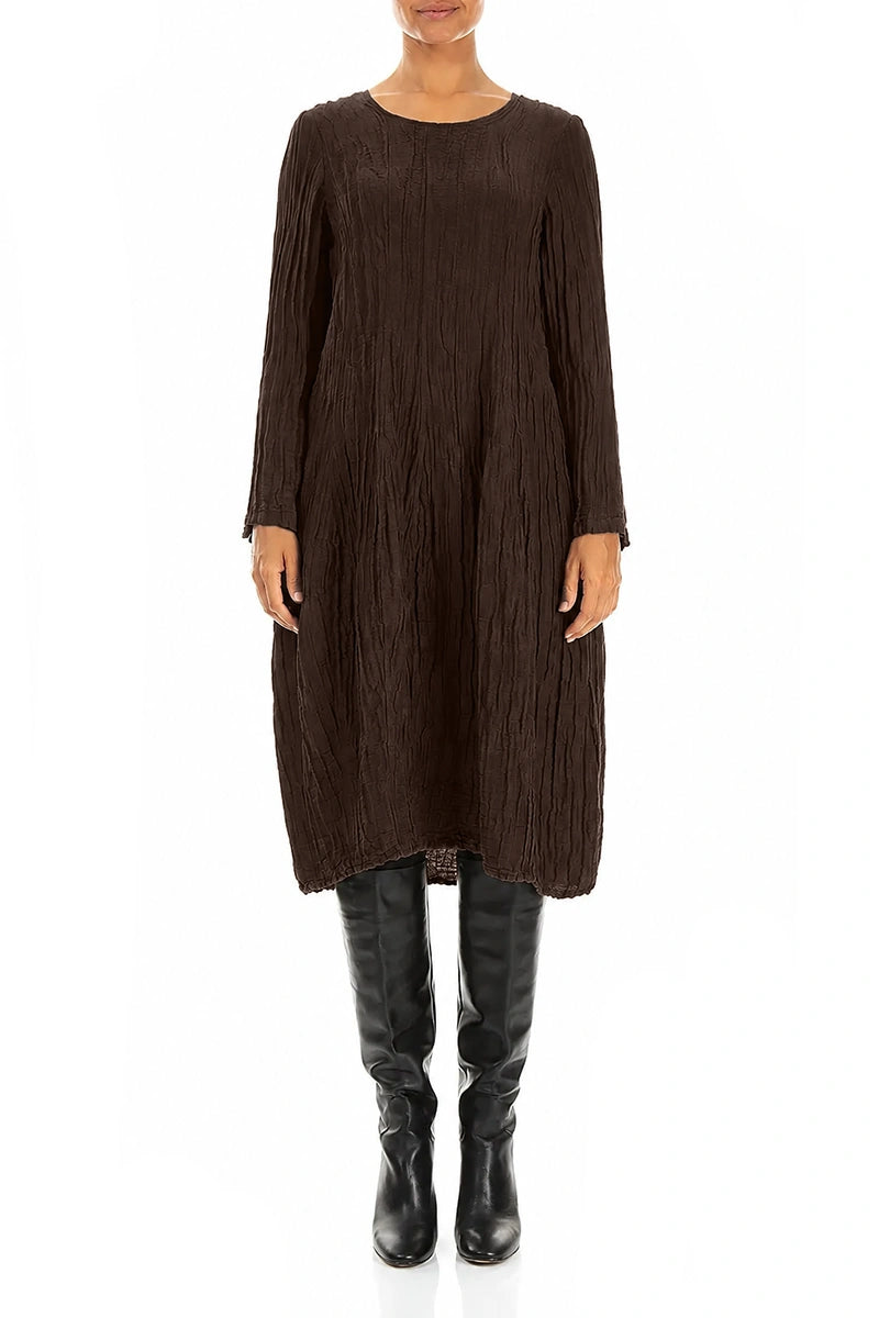 Long Sleeve Balloon Crinkled Truffle Brown Silk Linen Dress