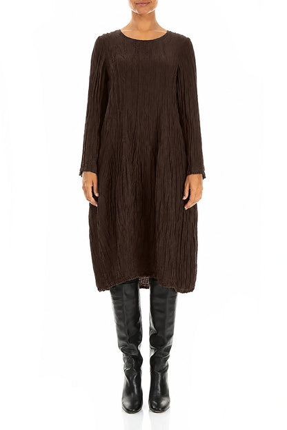 Long Sleeve Balloon Crinkled Truffle Brown Silk Linen Dress