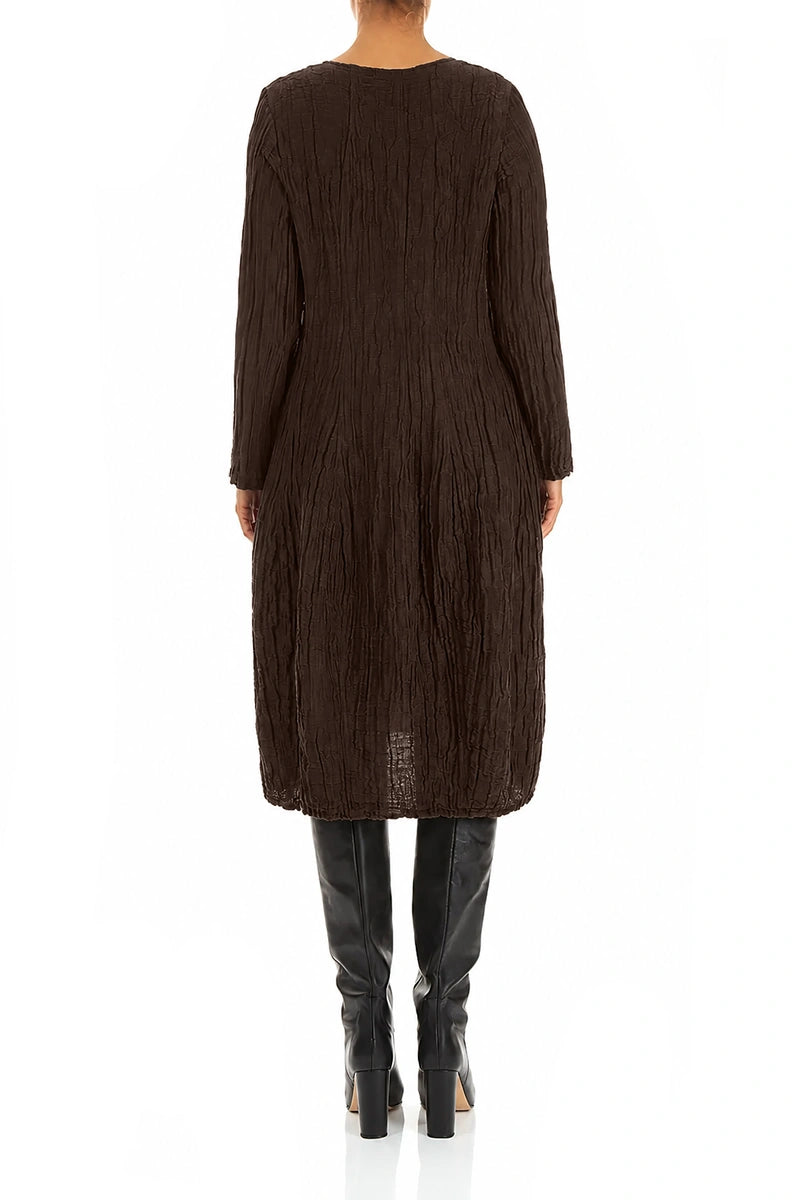 Long Sleeve Balloon Crinkled Truffle Brown Silk Linen Dress